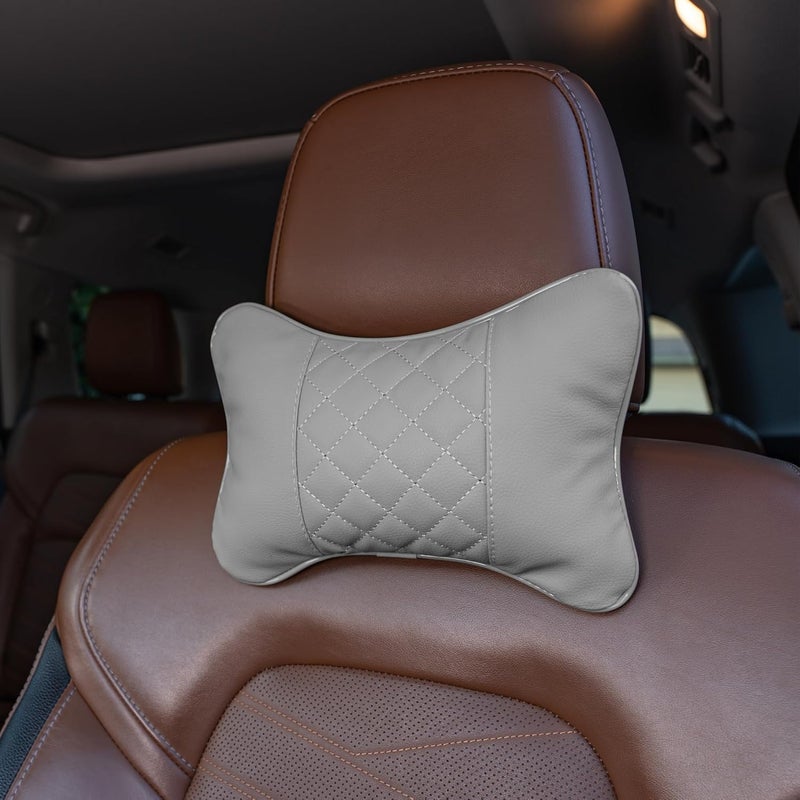 Synterior Set of 2 Quilted Faux Leather Car Headrest Pillow, Gray Case/Gray Threading, Ergonomic Neck Support for Comfortable Driving - Image 1